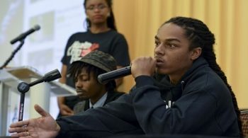 Messaiah Ramiskoon, an MC, youth advocate and three-time winner of “Showtime at the Apollo,” comments on homophobia in Hip Hop at the Health and Hip Hop Conference at Morgan State University in Baltimore, Md. (Freddie Allen/BAI)