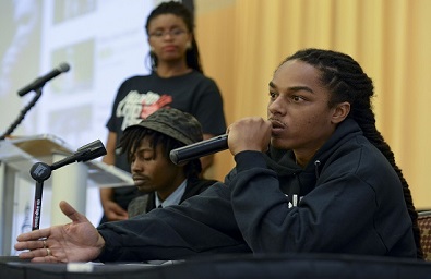 Messaiah Ramiskoon, an MC, youth advocate and three-time winner of “Showtime at the Apollo,” comments on homophobia in Hip Hop at the Health and Hip Hop Conference at Morgan State University in Baltimore, Md. (Freddie Allen/BAI)
